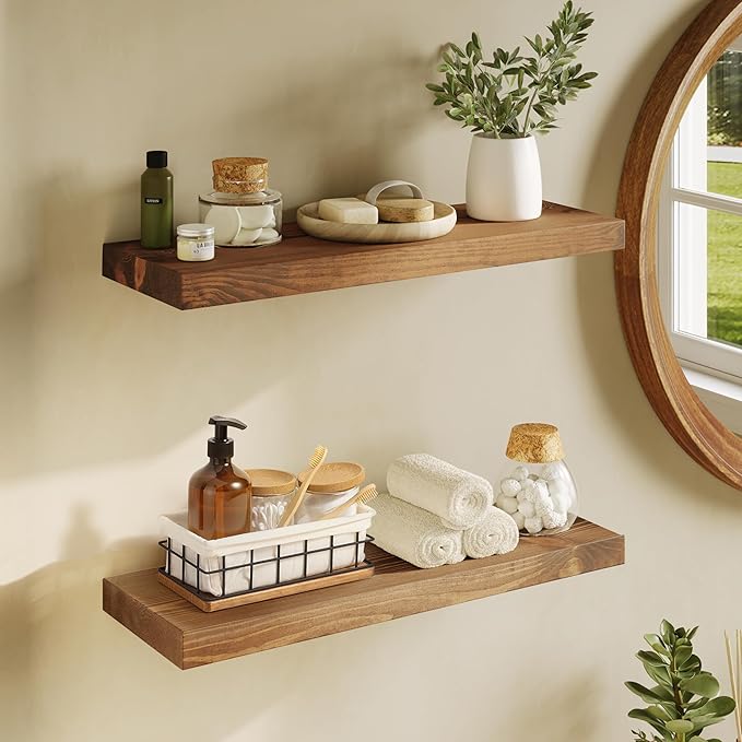 wooden floating shelves for towels and décor